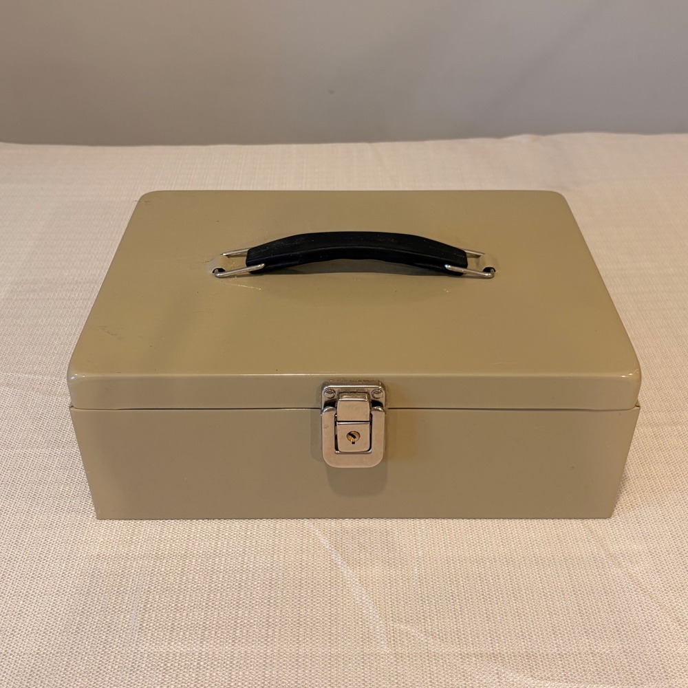 Vintage Metal Cash Box with Key and Removable Tray